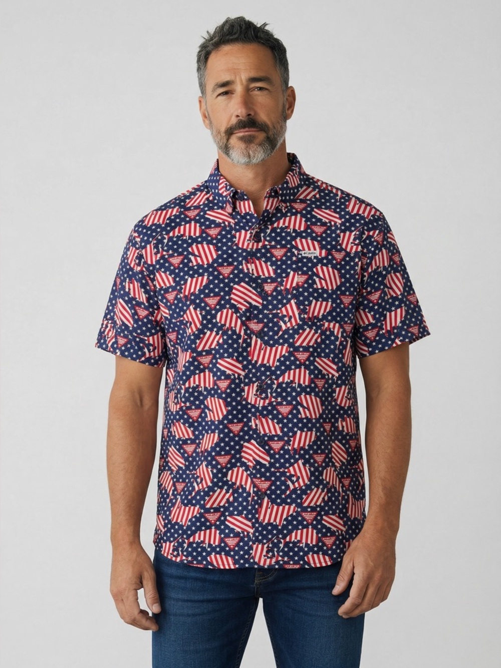Columbia PFG Button Up Shirt XL Patriotic USA Flag Fish Print S Sleeve Fishing